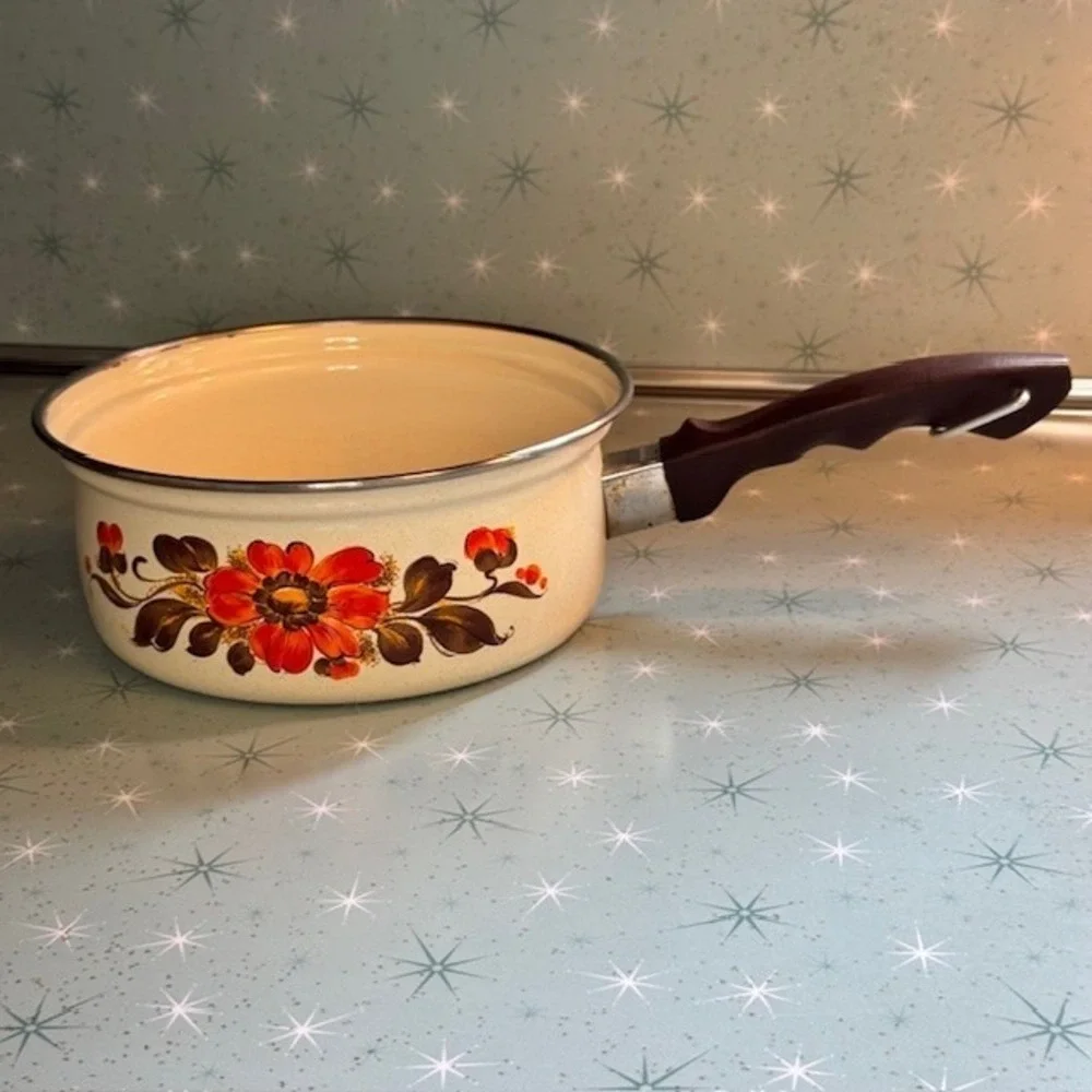 Vintage 1970s Moneta #18 Enamel Saucepan Pot Orange &‎ Brown Floral Boho Italy